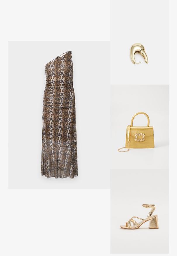 Robe longue asymétrique avec imprimé animal brun, noir et blanc et un design légèrement froncé sur fond blanc.; Sandales à talons métalliques dorés avec un design à lacets, un talon carré, et une sangle de cheville ajustable avec une boucle. Texture lisse.; Sac à main en faux crocodile jaune avec un design structuré, une poignée supérieure, une bandoulière en chaîne amovible, et un ornement cristallin décoratif sur le fermoir.; Boucle d'oreille en métal doré avec un design élégant et courbé. Présente une forme conique distinctive, une surface polie et une fermeture à charnière.