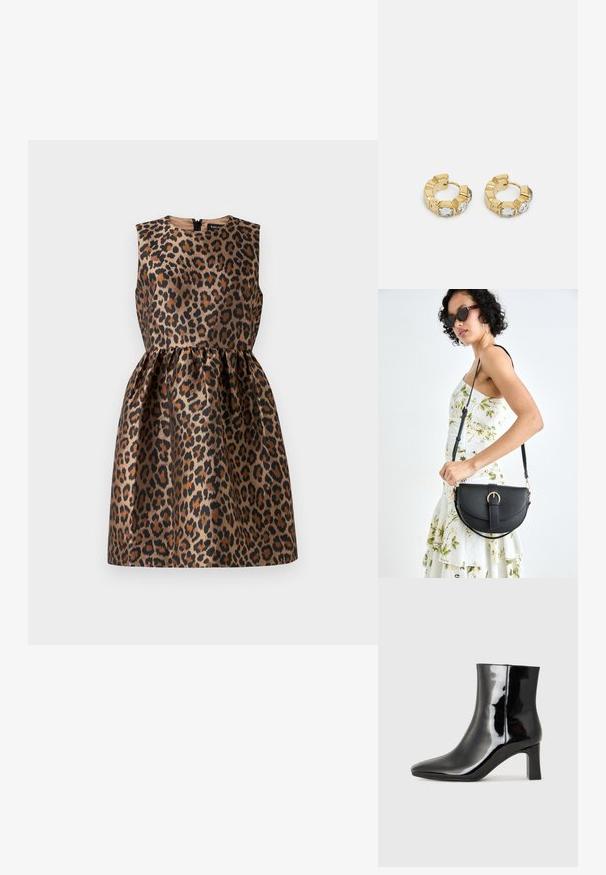 kate spade new york CLASSIC LEOPARD DRESS - Koktejlové šaty / šaty na párty - cognac; Černé lakované kotníkové boty s špičatou špičkou a středně vysokým blokovým podpatkem. Hladká textura a minimalistický design.; Černá kožená kabelka s křivkovým tvarem, odnímatelným popruhem a zlatými detaily. Kabelka má klopu s přezkou.; Zlaté kruhové náušnice s texturovaným designem a třemi jasnými krystalovými akcenty na jedné straně, které nabízejí moderní geometrickou estetiku.