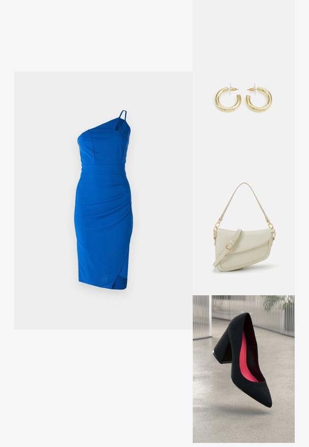 Vienos peties mėlyna suknelė, pagaminta iš lygios medžiagos. Yra pritaikyta liemenė, raukšlėjimasis šone ir kelių ilgio apdaila su subtiliu įvyniojimu.; Juodas aukštakulnis batai su smailiu pirštu, su tekstūruota paviršiumi ir ryškiai rožiniu vidumi. Su tiek dideliu kulnu, tiek sidabriniu akcentu.; Mažas kreminis rankinukas su tekstūruotu paviršiumi, ilga reguliuojama juostele, grandinėle ir užsegimu su atvartu. Aukso detalės.; Aukso auskarai su lygiu, blizgiu paviršiumi. Apvalus dizainas su maža užrakto dalimi ir skaidria atrama saugiam nešiojimui.