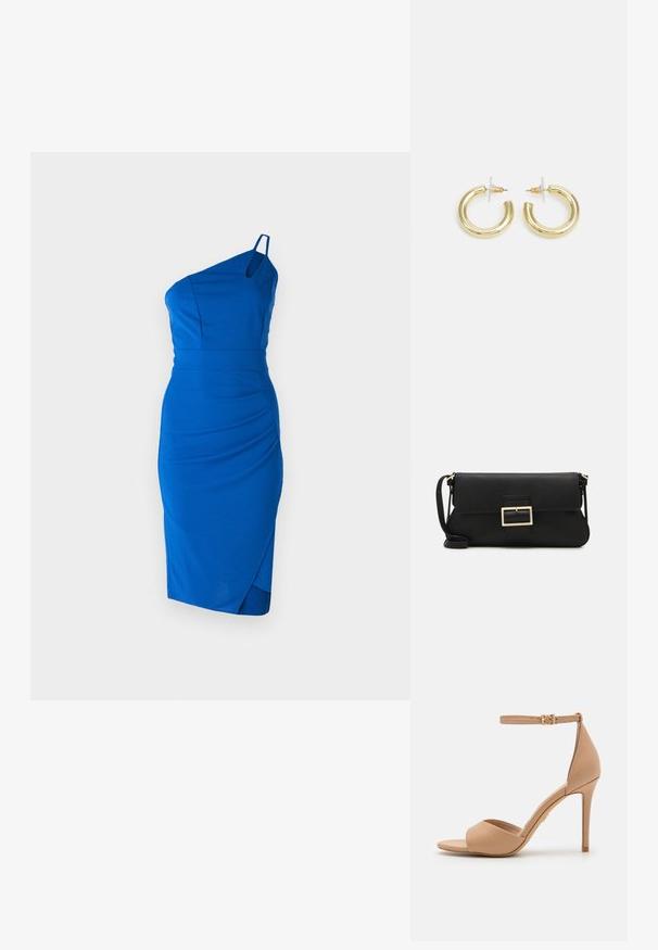 Vienos peties mėlyna suknelė, pagaminta iš lygios medžiagos. Yra pritaikyta liemenė, raukšlėjimasis šone ir kelių ilgio apdaila su subtiliu įvyniojimu.; ALDO CRERIDE PILLOW WALK - Sandalai - beige; Juodas odinis dėkliukas su atvarteliu ir auksinės metalinės sagties detalėmis. Įeina juodas diržas ir elegantiškas, minimalistinis dizainas.; Aukso auskarai su lygiu, blizgiu paviršiumi. Apvalus dizainas su maža užrakto dalimi ir skaidria atrama saugiam nešiojimui.