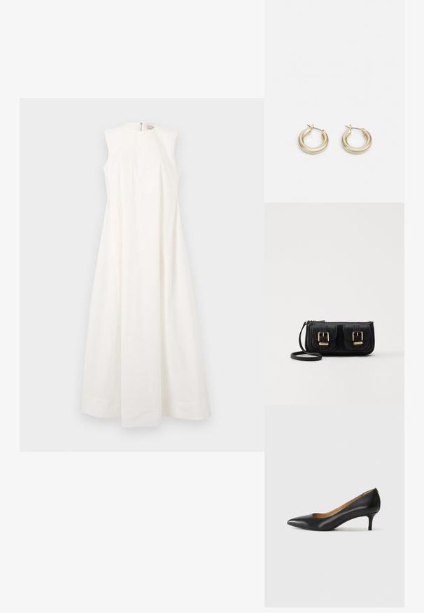 Šaty bez rukávů z bílé tkaniny, s kulatým výstřihem a rozšířenou siluetou, s neviditelným zadním zipem a zakončením lemů.; Černé kožené lodičky s špičatou špičkou, nízkým podpatkem a hladkým povrchem. Mají mírné otevření vpředu a minimální kovové prvky na zadní straně.; Černá kožená crossbody taška se dvěma předními kapsami, zlatými přezkami, zipovým uzávěrem a štíhlým popruhem. Texturovaný povrch a kompaktní obdélníkový tvar.; Lauren Ralph Lauren BASIC SMALL HOOP - Náušnice - gold-coloured