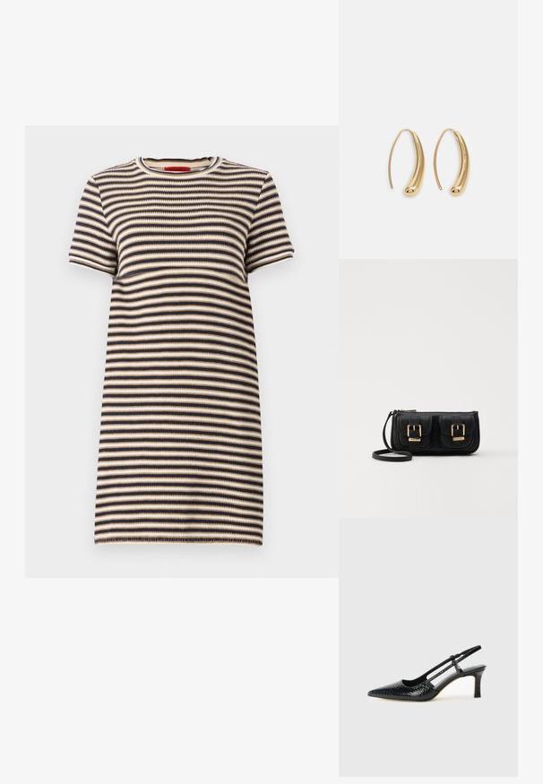 Svītraina adīta kleita ar apaļu izgriezumu, īsām piedurknēm un pieguļošu siluetu. Krāsas ietver tumši zilu, bēšu un pelēkbalto svītru kombināciju.; Melna patent āda ar slīdošo papēdi un smailo purngalu, ar teksturētu čūsku drukājumu, regulējamu siksniņu un īsu teksturētu blokpapēdi.; Melnas ādas crossbody soma ar divām priekšējām kabatām, zelta sprādzēm, ar rāvējslēdzēju aizdari un šauru siksnu. Strukturēta virsma un kompakta taisnstūra forma.; Zelta toņu metāla gredzena auskari ar izliektu, pagarinātu formu. Ar gludu, spīdīgu virsma un noapaļotu galu papildu detaļām.