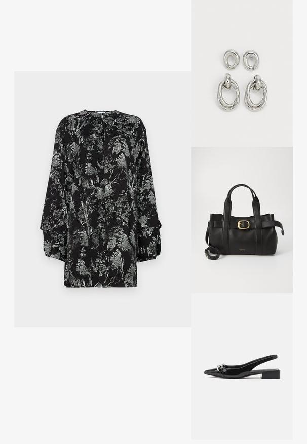 Melna blūze ar ziedu sudraba rakstu, garām piedurknēm, apaļu kakla izgriezumu un atslēgas caurumu aizmugurē. Gluda auduma struktūra.; Melnas lakotas ādas slingback kurpes ar norādītu purngalu, sudraba aksesuāru detaļu un zemu blokveida papēdi. Gluda, spīdīga tekstūra visā apavā.; Melnas ādas rokassoma ar strukturētu dizainu, divām augšējām rokturām, zelta toņa sprādzes akcentu un iegravētu zīmola logo priekšpusē.; Sudraba tonēti metāla auskari ar divām dizaina variācijām: savītas apaļas gredzens un gluds apaļš pīrsings. Atstarojoša virsma pastiprina eleganci.