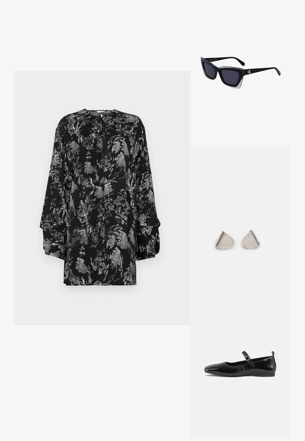 Bluză neagră cu un model floral argintiu, mâneci lungi, decolteu rotund și un detaliu tip cheie la spate. Textură de țesătură netedă.; Pantofii plata din piele patentată neagră, cu vârf ascuțit, curea la gleznă cu cataramă și o textură netedă, strălucitoare. Toc jos pentru confort.; Ochelari de soare supradimensionați, negri, cu o formă geometrică, având lentile întunecate și un detaliu gri contrastant pe ramă. Logo pe braț.; Cercei din metal argintiu cu o formă netedă, în formă de lacrimă și un finisaj lucios. Gravuri subtile adaugă detalii. Design minimalist.