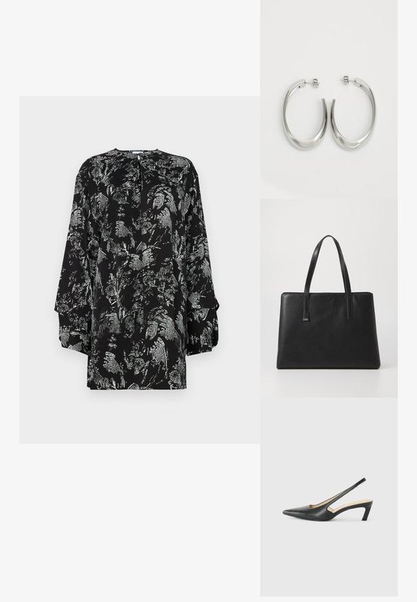 Mustmust valge lillede mustriga must pluus, pikkade varrukatega, ümar kaelus ja kuldlukuga detail taga. Sile kangas.; Must mustaga, terav varvas, madala kontsaga sildiga king, mis on valmistatud siledast nahast ja mille küljel on lõike disain hingavuse tagamiseks.; Must must nahkabaab, millel on kaks pikka sangad, ristkülikukujuline kuju, tekstureeritud pind ja minimalistlik disain. Ilma nähtava riistvarata või aktsentideta.; Hõbe rõngas kõrvarõngad, millel on sujuv ja kõver kuju. Omab läikivat metallist viimistlust ja nupuga sulgemist. Pole nähtavaid mustreid ega aksessuaare.