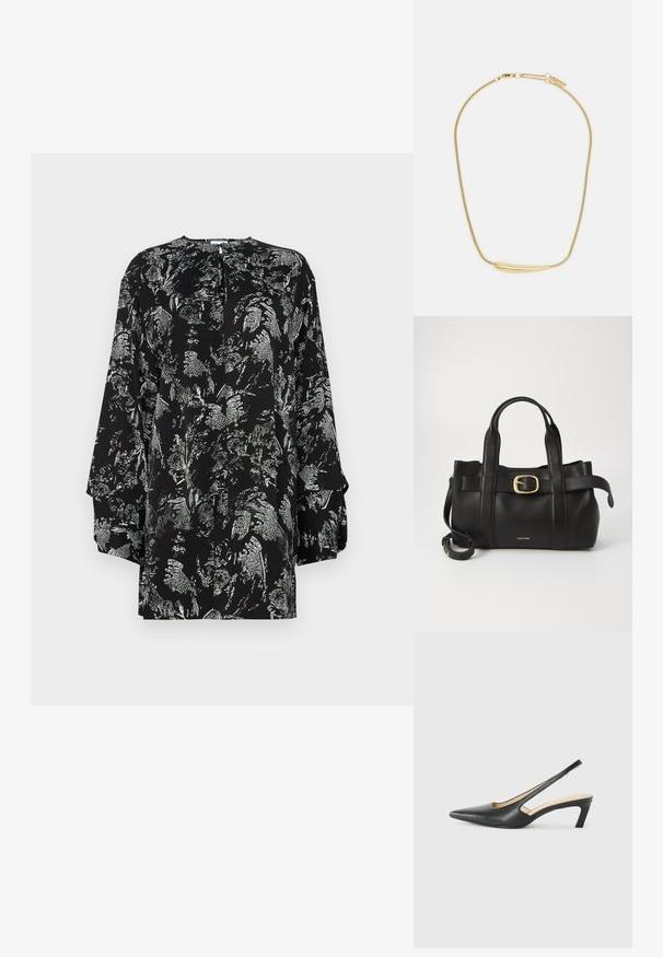 Blouse noire avec un motif floral argenté, manches longues, col rond et détail en forme de clé à l'arrière. Texture de tissu lisse.; Slingback noir à bout pointu avec un petit talon, en cuir lisse et doté d'un design découpé sur le côté pour plus de respirabilité.; Sac à main en cuir noir présentant un design structuré, deux poignées supérieures, un accent de boucle en ton doré et un logo de la marque en relief à l'avant.; Collier plaqué or avec un accent central lisse et courbé. Possède une chaîne flexible avec un fermoir à homard et des maillons supplémentaires ajustables.
