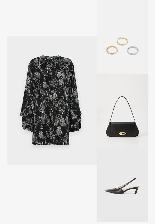 Čierna blúzka s kvetinovým strieborným vzorom, dlhými rukávmi, okrúhlym výstrihom a detailom v tvare kľúčovej dierky na zadnej strane. Hladká textúra látky.; Čierne slingback topánky s ostrou špičkou a nízkym opätkom, vyrobené z hladkej kože a s výrezmi na boku pre lepšiu priedušnosť.; Čierna kožená kabelka s prehnutým dizajnom, zlatými kovovými detailmi a horným uchom. Má elegantné zatvorenie a hladký povrch.; Triumf kovových prsteňov: jeden v ružovom zlate, jeden zlatý s textúrovanými akcentmi a jeden strieborný, všetky s gravírovaným logom na vnútornej strane.