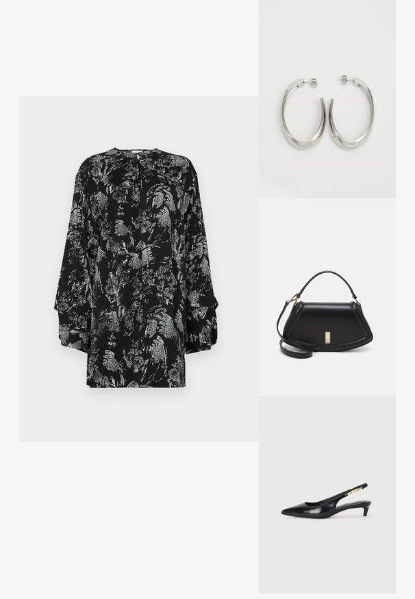 Schwarze Bluse mit floralem silbernen Muster, langen Ärmeln, rundem Halsausschnitt und einem Schlüssellochdetail auf der Rückseite. Glatte Stofftextur.; Schwarze Leder-Slingback-Pumps mit spitzem Schuhblatt, ausgestattet mit einem schlanken Absatz und einem goldfarbigen Akzent am verstellbaren Riemen. Glatte Textur.; Schwarze Lederhandtasche mit einem strukturierten Design, das eine verkürzte Form, einen oberen Griff und goldfarbene Hardware-Details aufweist. Verstellbarer Schulterriemen ist enthalten.; Silberne Creolen mit einem glatten, geschwungenen Design. Mit einem glänzenden metallischen Finish und Steckverschluss. Keine sichtbaren Muster oder Akzente.