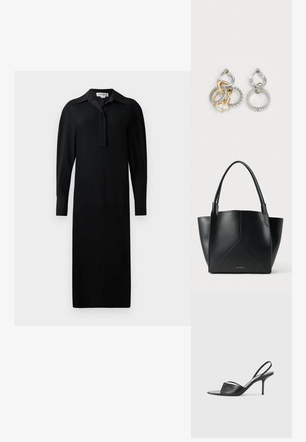 Czarna sukienka z długim rękawem, z kołnierzykowym dekoltem, ozdobnym wycięciem w kształcie łezki, prostym krojem i fakturowanym materiałem.; Czarne skórzane sandały na wysokim obcasie z ostro zakończonym noskiem, cienkim paskiem wokół kostki i obcasem typu stiletto. Posiadają węzeł na przodzie.; Czarna skórzana torba typu tote z geometrycznym wzorem, z dwoma uchwytami i złotym logo z przodu. Gładka tekstura i strukturalny kształt.; Kolczyki typu hoop z plecionymi złotymi i srebrnymi pierścieniami, z akcentem w postaci przezroczystego cyrkonii oraz teksturowaną obrączką na jednym z pierścieni.