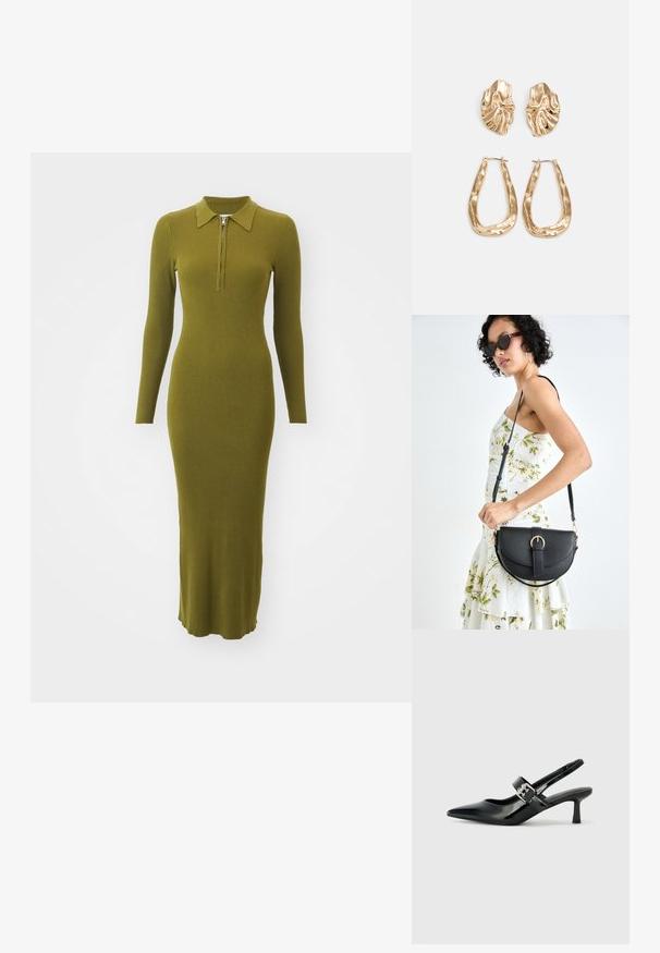 Vestido longo e canelado em verde oliva, com colarinho e meio fecho de correr. Silhueta ajustada com mangas longas, atingindo a altura da meia panturrilha.; Saltos slingback em verniz preto com bico pontiagudo e um pequeno salto bloco, apresentando um detalhe de fivela prateada na tira.; Bolsa de couro preta com forma curva, alça destacável e detalhes em dourado. A bolsa possui uma aba com detalhe de fivela.; Brincos em tom de ouro com formas onduladas e texturizadas. Inclui studs escultóricos com presilha e um design de argola aberta com um acabamento martelado.