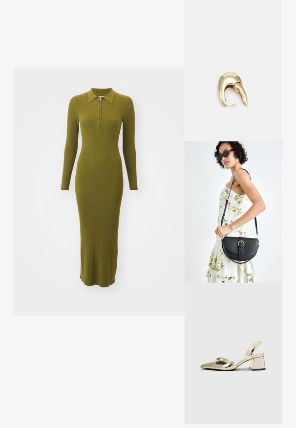 Dlouhé, rib dres v olivové zelené s límečkem a polozipem. Přiléhavá silueta s dlouhými rukávy, dosahujícími do půlky lýtek.; Kovové zlaté pantofle na podpatku s špičatou špičkou a masivním podpatkem. Hladký povrch, minimalisticý design a úzký pásek.; Černá kožená kabelka s křivkovým tvarem, odnímatelným popruhem a zlatými detaily. Kabelka má klopu s přezkou.; Náušnice ve zlatém tónu z kovu s elegantním zakřiveným designem. Vyznačují se jedinečným špičatým tvarem, lesklým povrchem a závěsem na kloub.