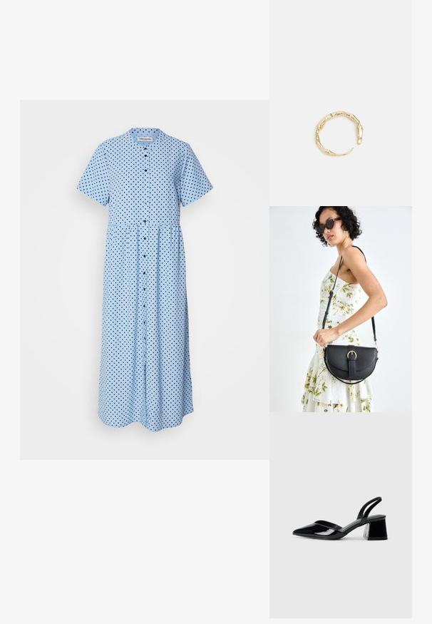 Mėlyna suknelė su trumpomis rankovėmis, mygtukų uždarymu priekyje ir sukaupta liemene. Yra jūrų mėlynos spalvos taškeliai ant šviesiai mėlyno fono.; Juodos lakuotos odinės šlepetės su smailiu pirštu ir geometriniu bloko kulnu. Turi elegantišką, minimalistinį dizainą ir lygų paviršių.; Juodas odinis krepšys su išlenkta forma, nuimamu dirželiu ir auksiniais detalėmis. Krepšys turi kilpą su sagtimi.; Auksinės spalvos žiedas, turintis organišką, sukimosi dizainą su lygiu paviršiumi ir siaurėjančiais galais, sukuriantis modernią skulptūrinę išvaizdą.