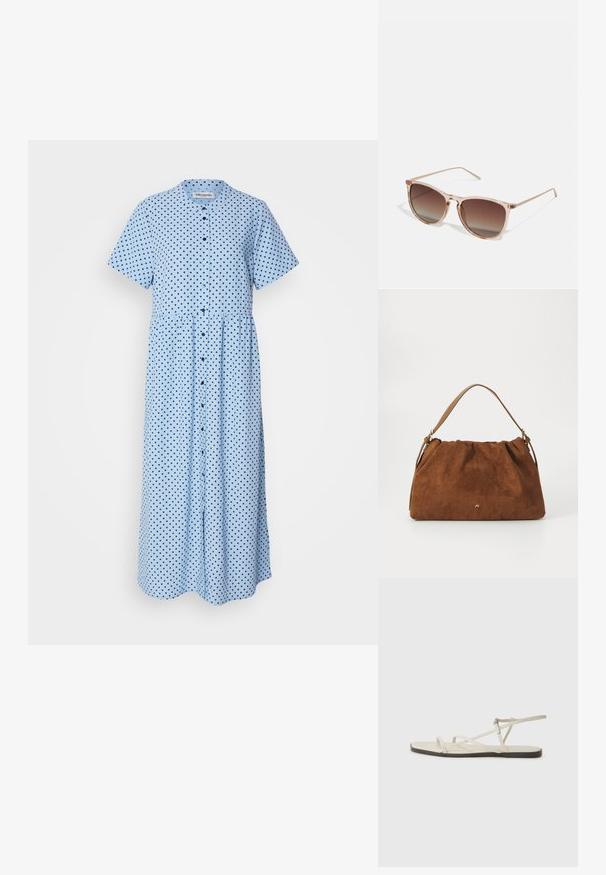 Mėlyna suknelė su trumpomis rankovėmis, mygtukų uždarymu priekyje ir sukaupta liemene. Yra jūrų mėlynos spalvos taškeliai ant šviesiai mėlyno fono.; Bežiniai plokšti sandalai su keliais lieknais dirželiais ir reguliuojamu užsegimu. Padas plokščias, su lengvu tamsiu kontrastu krašte.; Rudi gradientiniai saulės akiniai su permatomu rožiniu rėmeliu, kvadratinės formos ir plonomis metalinėmis šakėmis. Yra su apvalintais kraštais ir minimaliais dekoratyviniais elementais.; Ruda zomšos rankinė su susiraukšlėjimu, turinti vieną šviesiai rudos odos rankeną ir subtilų auksinį logotipo detalę priekyje.