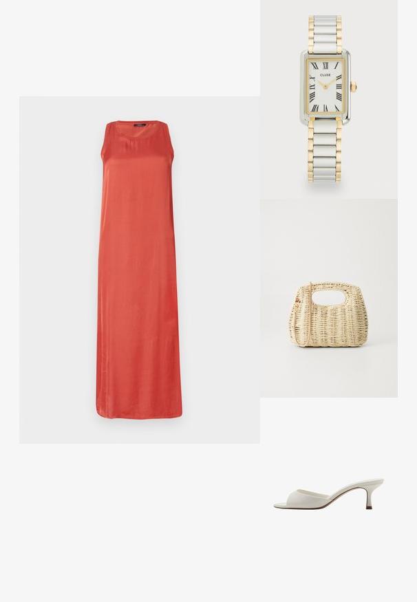 Rochie lungă fără mâneci într-o culoare coral uniformă. Confecționată dintr-un material neted, cu o croială lejeră și decolteu rotund. Fără model sau accente notabile.; Mule-uri albe cu vârf deschis, cu toc înalt, cu un finisaj neted, design minimalist și un toc subțire, având un accent subtil de culoare maroniu pe talpă.; Geantă din paie țesută, de culoare bej deschis, cu un corp rotund, deschis în partea de sus și o curea detașabilă. Textură notabilă și model de țesătură complex.; Cluse BELISSENA WATCH - Ceas - silver-coloured/gold-coloured; Cercei din metal auriu, cu un design răsucit, având o textură îmbătrânită și o finisare netedă. Construcție ușoară și goală.