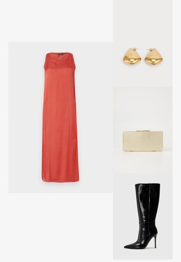 Sleevetuks, pikk kleit ühtlasest korallivärvist. Valmistatud siledast kangast, millel on mugav lõige ja ümmargune kaelus. Ilma märkimisväärsete mustrite või aktsentideta.; Mustad nahast kuni põlveni ulatuvad saapad terava ninaga ja kõrge stiletto kontsaga. Sile tekstuur ja stiilne disain, millel on minimaalne kaunistus.; Kuldne kott, millel on sile metalliline viimistlus, ristkülikuline kuju ja lihtne lukustus. Nähtavaid mustreid või kaunistusi ei ole.; Kuldtoon metall kõrvarõngad, millel on sile, ümar kolmnurkne kuju ja tagaküljel olev kinnitamine; peeglilaadne pinda, millel on minimaalne detailide hulk.