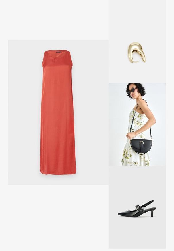 Ermeløs, lang kjole i en ensfarget korallfarge. Laget av glatt stoff med en avslappet passform og rund halsutskjæring. Ingen merkbare mønstre eller detaljer.; Svarte patent lær slingback hæler med spiss tå og en liten blokkheel, med en sølvspenne som detalj på stroppen.; Svart lærveske med en buet form, avtagbar stropp og gullbeslag. Vesken har et klaff med spenne-detall.; Gullfarget metalløredobber med et elegant, buet design. Har en karakteristisk spiss form, polert overflate og hengsel-lukking.