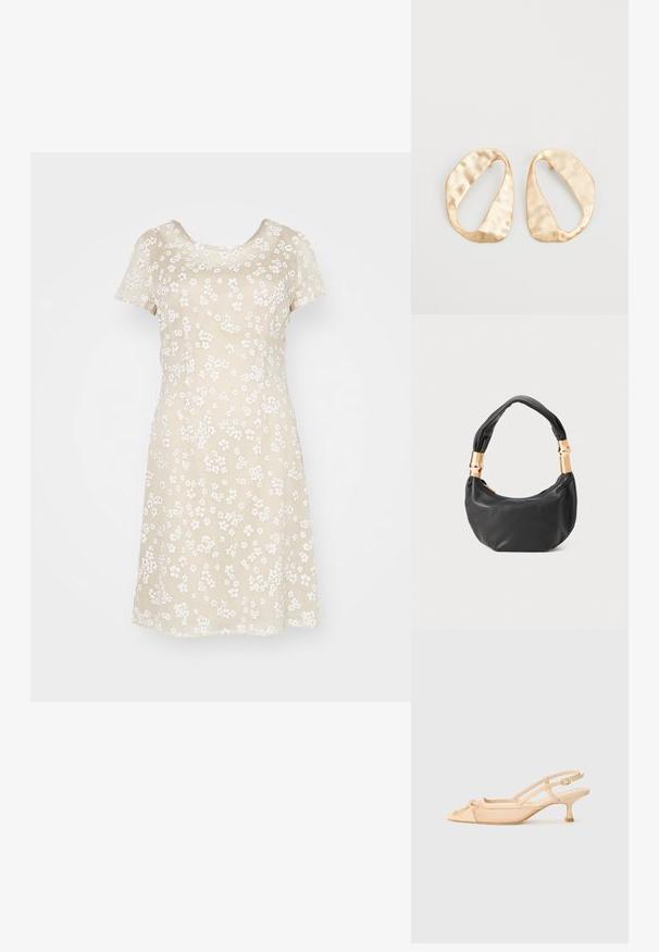 Vestido bege claro com um padrão floral branco, mangas curtas, decote redondo e um corte descontraído, feito de um tecido suave.; Stuart Weitzman KITTY - Saltos clássicos - beige/barely beige; Mala de mão em couro preto com forma redonda, textura suave e alça com nó, apresentando detalhes em metal dourado. Fecho em zíper.; Par de brincos irregulares em forma oval, feitos de metal dourado, com uma superfície texturizada e ligeiramente martelada, sobre um fundo branco.