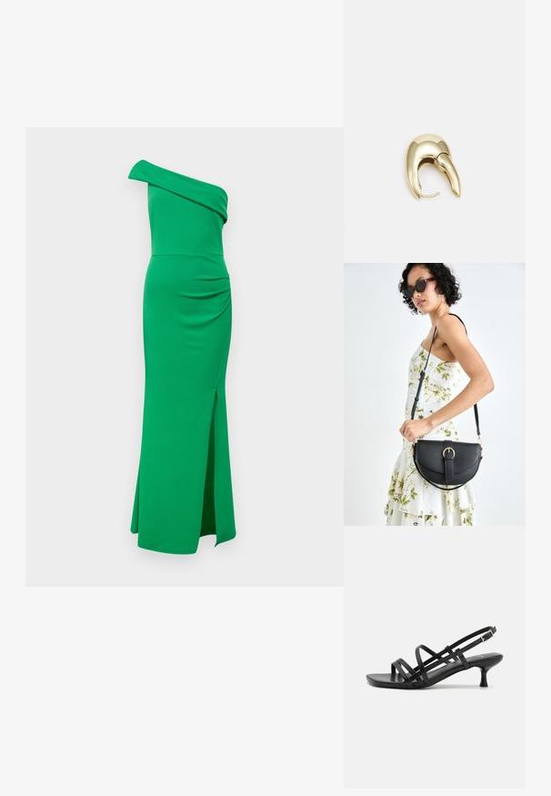 En-skulder, figurnær grønn kjole laget av elastisk stoff. Har drapering i livet og en sideslitz som strekker seg fra midt-lår.; Svarte hæl sandaler med flere krysset remmer. Glatt materiale, spiss tå og smal hæl. Justerbar ankelrem med spenne.; Svart lærveske med en buet form, avtagbar stropp og gullbeslag. Vesken har et klaff med spenne-detall.; Gullfarget metalløredobber med et elegant, buet design. Har en karakteristisk spiss form, polert overflate og hengsel-lukking.