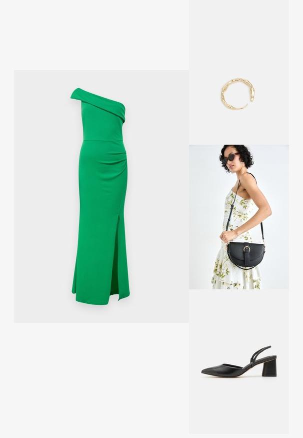 Viena petį atidengianti, prie kūno priglundanti žalia suknelė, pagaminta iš elastingos medžiagos. Suknelė turi drapiruotę ties liemeniu ir šoną, kuris driekiasi nuo vidurio šlaunies.; Juodi smailėmis pirštų slingback bateliai, pagaminti iš lygaus odos, su žemu bloko kulnu ir plonomis juostelėmis gale, užtikrinančiomis patogų prigludimą.; Juodas odinis krepšys su išlenkta forma, nuimamu dirželiu ir auksiniais detalėmis. Krepšys turi kilpą su sagtimi.; Auksinės spalvos žiedas, turintis organišką, sukimosi dizainą su lygiu paviršiumi ir siaurėjančiais galais, sukuriantis modernią skulptūrinę išvaizdą.