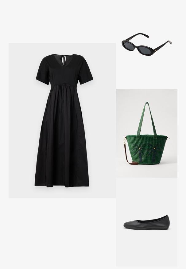 Robe maxi en coton noir avec un décolleté en V, des manches courtes et une taille froncée, dotée d'une fermeture à nouer au dos et d'une texture lisse.; Ballerines en cuir noir avec un bout rond, texture lisse, détails de couture minimalistes et design de semelle flexible.; Lunettes de soleil noires surdimensionnées avec des verres ovoïdes, monture en plastique lisse et accents dorés sur les tempes. Les verres sombres offrent une protection contre le soleil.; Sac fourre-tout tissé vert avec des motifs de palmiers en vert plus foncé ; doté de deux poignées et d'une bandoulière en cuir marron détachable.