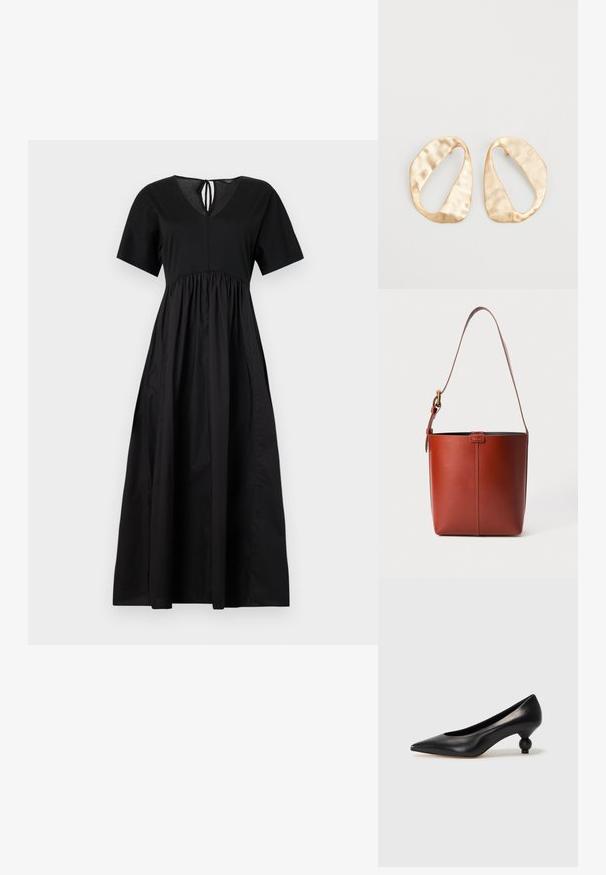 Robe maxi en coton noir avec un décolleté en V, des manches courtes et une taille froncée, dotée d'une fermeture à nouer au dos et d'une texture lisse.; Chaussure à talon haut en cuir noir avec un bout pointu et un talon arrondi. Texture lisse avec un design épuré et minimal.; Sac seau en cuir brun avec bandoulière réglable et boucle en ton doré, détail de couture verticale simple à l'avant.; Une paire de boucles d'oreilles en métal doré, de forme ovales irrégulières, avec une surface texturée et légèrement martelée sur fond blanc.