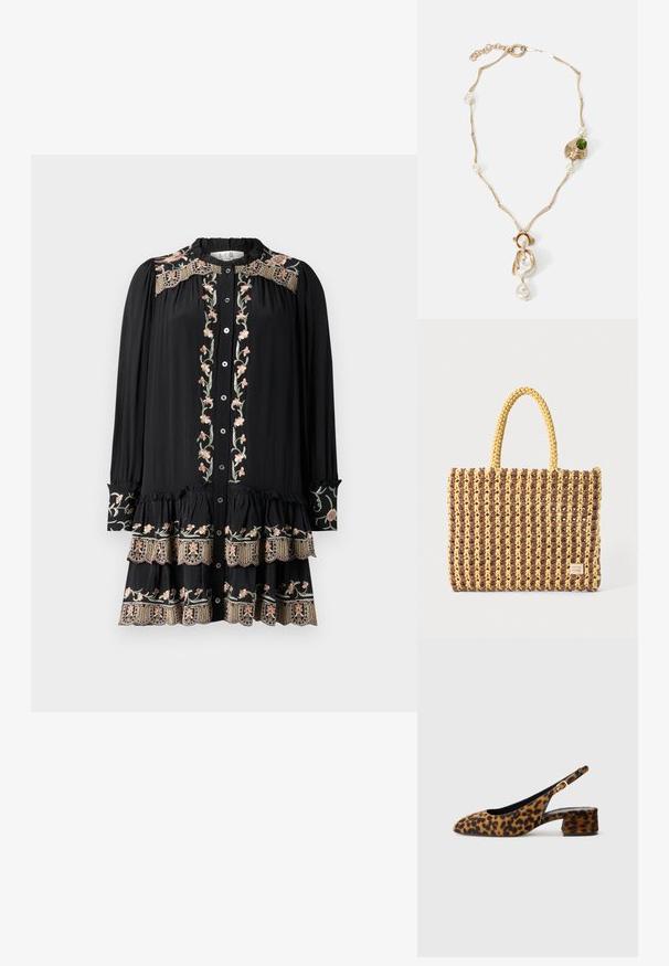 Sea Freizeitkleid - black; Damen-Slingback-Schuhe mit Leopardenmuster, niedrigem Blockabsatz und goldener Schnalle am Seitenriemen, im Seitenprofil auf einem schlichten Hintergrund dargestellt.; Gewebte Tasche in Braun und Gelb, mit rechteckiger Form, zwei Tragriemen und einer strukturierten Oberfläche mit sichtbaren Nähten und einem Markenschild.; Halskette in Goldton mit verdrehten Gliedern, weißen Perlen und einem grünen Steinelement. Verfügt über filigrane Details und einen Verschluss zum Schließen.