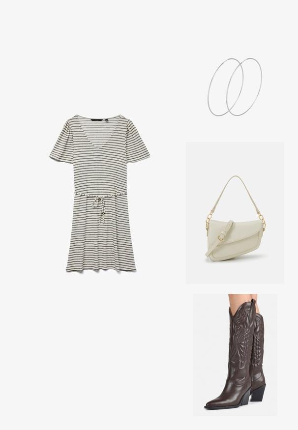 Svītrainā īsai piedurknēm kleita vieglā audumā. Tai ir V veida izgriezums, savilktā josta ar auklu un mainīga melnbaltā svītra.; Brūni ādas kovboju zābaki ar norādītu purngalu un blokveida papēdi, ar detalizētu šūšanu un paceltiem akcentiem uz kājas daļas.; Maza krēmkrāsas rokas soma ar teksturētu apdari, garu regulējamu siksniņu, ķēdes akcentu un vāciņa aizdari. Zelta aparatūras detaļas.; Sudraba gredzenveida auskari ar minimālistisku dizainu. Cirkulāra forma, gluda tekstūra un plāns profils. Vieglu svaru ar spīdīgu apdari.