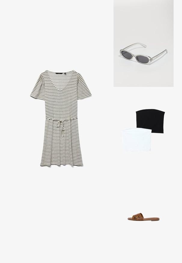Lyhythihainen, raidallinen mekko kevyestä kankaasta. V-aukko, kootut vyötärö ja vuorottelevat mustat ja valkoiset raidat.; Kaksi saumattomia putkilaineita: yksi musta ja yksi valkoinen. Molemmat on valmistettu pehmeästä, joustavasta kankaasta ja niissä on sileä rakenne ilman kuvioita.; Ruskea nahkainen liukusandaali, jossa on ristikkäiset hihnat, tasapohja ja sileä pinta. Yksinkertainen muotoilu ilman koristeita tai kuvioita.; Aurinkolasit, joilla on soikea muoto, kirkas muovikehys, tummanharmaat linssit ja ohuet läpinäkyvät varret, joissa on logovihjeitä ja minimaalista yksityiskohtia.; Michael Kors kääröbeige pinnoitettua kangasta, jossa on toistuva MK-logo -kuvio, kultaiset yksityiskohdat ja irrotettava ketjuhihna.