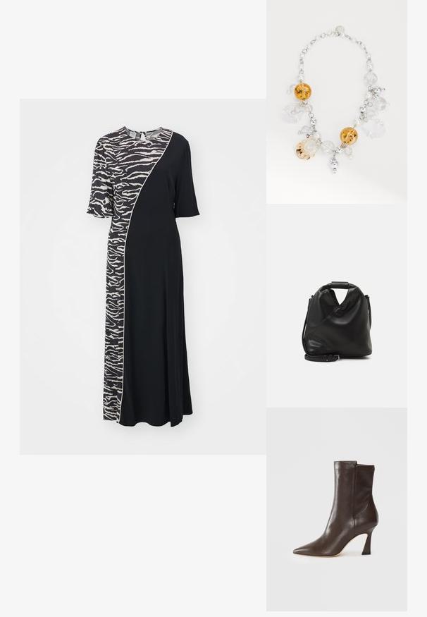 Musta mekko lyhyillä hihoilla, jossa on seeprakuosisesti paneeli yhdellä sivulla ja kontrastoivia saumoja reunoilla.; Tummanruskea nahkainen puolipitkä saapas, jossa on terävä varvas, kaareva hoikka korko ja sileä pinta valkoista taustaa vasten.; Mustan, pehmeän nahkabagin ainutlaatuinen kierretty muotoilu. Varustettu lyhyellä kahvalla ja irrotettavalla olkahihnalla. Minimalistinen tyyli.; Kaulaketju, jossa on meripihkaa, kirkasta ja hopeisia helmiä, joissa yhdistyvät pyöreät ja soikeat muodot, yhdistetty hopeaketjulla ja korostettuna helmillä.