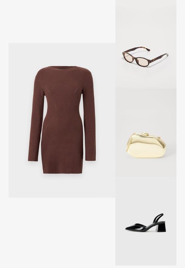 Pruun soonikuga ribatatud pikkade varrukatega kleit, mille vöökoht on istuv ja ümar kaelus, taustal on ühtlane pind.; Mustad musta lakknahk kingad, millel on terav varvas ja geomeetriline plokkkonts. Omab elegantselt minimalistlikku disaini ja sujuvat tekstuuri.; Kilpkonnakilbi prillid, millel on ümmargune kuju ja heledad läätsed. Omab tugevaid varsi, millel on väikesed kuldsed aktsendid, valmistatud plastmaterjalist.; Kuldne metallist käekott sujuva, ümarate kujude ning ülemise nupuvajutusega kinnitusega. Koti küljes on väike kett, et oleks mugav kanda.