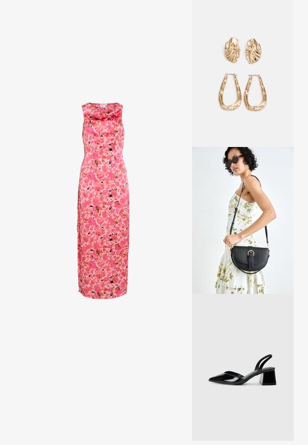 Virágmintás maxiruha rózsaszínben, csengettyű nyakkivágással, amely élénk rózsák és levelek mintázatával rendelkezik, rózsaszín, narancs és fekete árnyalatokban.; Fekete lakk bőr szandálkés magas sarkú cipő, hegyes orral és geometrikus tömbsarkakkal. Karcsú, minimalista dizájn és sima textúra jellemzi.; Fekete bőrtáska ívelt formával, levehető pánttal és arany színű fémrészekkel. A táskán egy csattal díszített fedél található.; Aranyszínű fülbevalók, texturált, hullámos formákkal. Tartalmazza a szobrászati klipszes studokat és az open hoop kialakítást, kalapácsos felülettel.