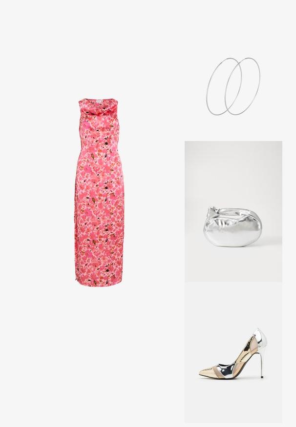 Kvetinové maxi šaty v ružovej farbe s prehnutým výstrihom, s živou vzorom ruží a listov v odtieňoch ružovej, oranžovej a čiernej.; Lodičky s špičatou špičkou v striebornom, zlatom a telovom farebnom prevedení. Lesklý povrch s výrezovým dizajnom, s ihlovým opätkom.; Strieborná metalická taška s mäkkým, zaobleným tvarom a uzáverom s uzlíkom. Vyrobená z hladkej syntetickej kože.; Strieborné kruhové náušnice s minimalistickým dizajnom. Cirkulárny tvar, hladký povrch a tenký profil. Ľahké s lesklým povrchom.