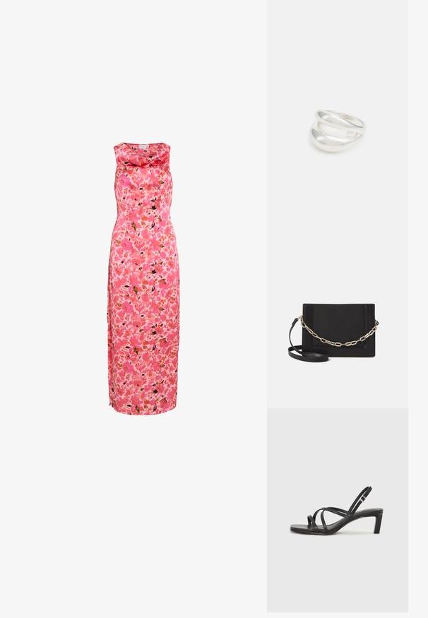 Cvečni maxi oblek s cowl izrezom v rožnati barvi, ki ima živahen vzorec vrtnic in listov v odtenkih roza, oranžne in črne.; Črne natikače s trakovi in kvadratnim prstom ter nizkim blokastim peto. Imajo več tankih trakov in nastavljiv trak okoli gležnja. Narejene so iz gladkega usnja.; Črna usnjena torba čez ramo z gladko teksturo, pravokotno obliko in kovinskim verižnim detajlom spredaj. Vključena je nastavljiva naramnica.; Srebrn dvojni prstan z gladko, polirano površino. Ima tekoč, ukrivljen dizajn z prekrivajočimi se sekcijami za sodoben videz.