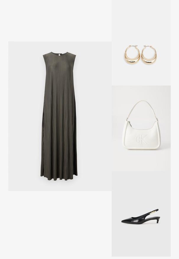 Vestido longo, sem mangas, em verde olivo escuro com um design pregueado, decote redondo e detalhe em recorte nas costas. Textura suave.; Saltos slingback em couro preto com bico fino, apresentando um salto esguio e um detalhe em tom dourado na alça ajustável. Textura suave.; Mala de mão branca em pele com uma forma curva, apresentando um logo "CK" em relevo na frente e uma alça de ombro única. Fecho com zíper na parte superior.; Brincos em forma de argola em tom dourado, com um formato de crescente, superfície polida e fecho articulado. A textura suave e o acabamento reflexivo aumentam a visibilidade.