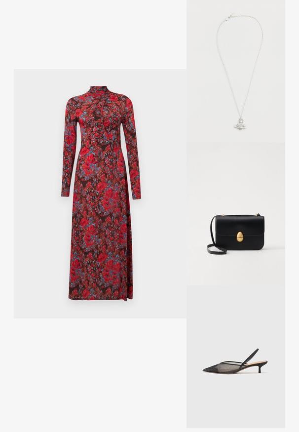 Rochie cu mânecă lungă din țesătură închisă, având un model floral roșu cu accente albastre; guler înalt și talie ajustată cu detalii drepte.; NEOUS IRENA - Pantofi clasici cu toc - black; Geantă de mână din piele neagră, cu o formă rectangulară structurată. Are un capac oval auriu și o curea subțire pentru umăr. Textură netedă.; Colier din argint cu pandantiv în formă de rachetă, având o pietricică centrală asemănătoare cu un diamant și o bază circulară. Finisaj detaliat și lustruit.