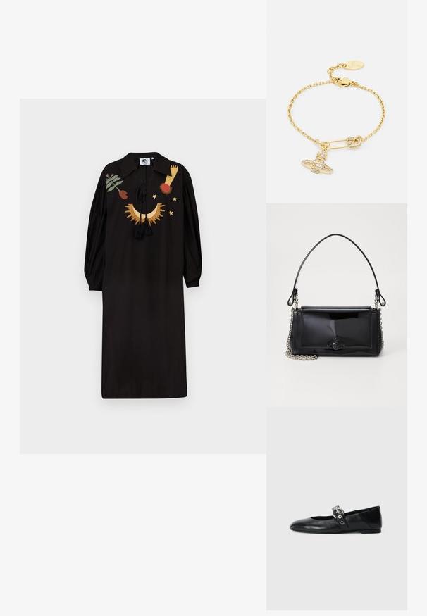 Schwarzes Kleid mit langen Puffärmel, einem Kragen und dekorativer Stickerei in Gold, Rot und Grün. Mit Quasten am Halsauschnitt.; Schwarze Ballettflat mit spitzer Spitze, ausgestattet mit einem Riemen und einer runden, metallischen Schnalle sowie einer flachen Sohle.; Schwarze Lackleder-Handtasche mit rechteckiger Form, Kettenriemen und einem markanten Hardware-Akzent in der Mitte. Glatte Textur.; Armband in Goldfarbe mit Kettendesign, verziert mit einem Sicherheitsnadel-Anhänger und einem funkelnden Schleifen-Detail. Enthält einen Verschluss und ein Logo-Tag.