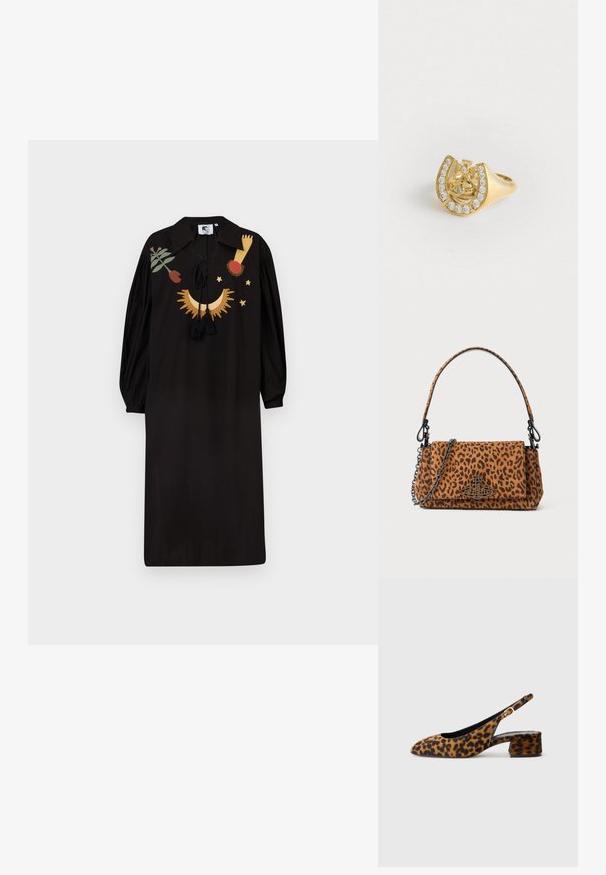 Melna kleita ar garām pūkainām piedurknēm, apkakli un dekoratīvām izšuvumiem zelta, sarkanā un zaļā krāsā. Tās izgriezumā ir pušķi.; Sieviešu leopardu raksta siksniņu kurpes ar zemu bloku papēdi un zelta sprādzi sānu siksniņā, attēlotas sānu profilā uz vienkārša fona.; Leoparda raksta roka somiņa, izgatavota no zamšādas, ar īsu rokturi, ķēdes siksnu un melnu metāla aizdari. Taisnstūra forma ar pārklājuma aizdari.; Zelts gredzens ar kronas dizainu iekšā, kas ietver zirgādas formu, dekorēts ar maziem caurspīdīgiem dārgakmeņiem, uz baltas fona.