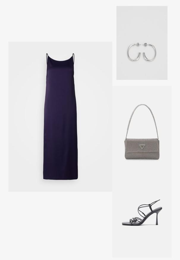 DRYKORN ALEIKA - Päevakleit - purple; Mustad musta värvi kontsandaalid on varustatud peente rihmadega, millel on sõlmekujundus, siledad ruudukujulised varbad ja stiilne stilettokonts.; Helehall metallik handbags, millel on kett, kaunistatud väikeste ümmarguste metallist õmblustega ja kolmnurkse brändi logoga.; Hõbedased rõngaskõrvarõngad, millel on sile ja läikiv pind. Ümar kuju, kerge disain, millel on post-tagumise kinnituse süsteem.