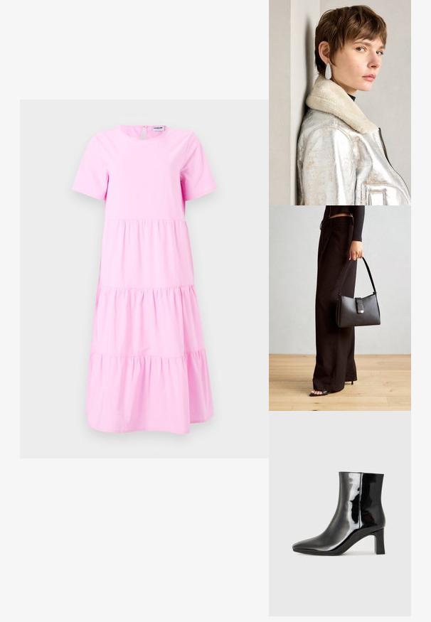 Rosa bomullsklänning med korta ärmar, rund halsringning, lagd design och detalj med nyckelhål bak. Slät textur med en lätt utseende.; Sorte patentlær ankle boot med spiss tå og en mellomhøy blokkhelt. Glatt tekstur og minimalistisk design.; Svart håndveske med strukturert form, jevn tekstur og metallisk lås. Kombinert med brede svarte bukser og sandaler med åpen tå på tregulv.; Sølvmetallisk lærjakke med lammeskinnskrage, med glidelås og strukturert overflate. Store dråpeformede øredobber med klare edelstener.