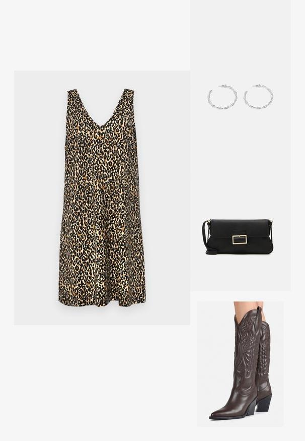 Suknelė be rankovių su leopardo raštu, gilus V formos iškirpė, lengva medžiaga ir laisvas siluetas su skirtingais rudos ir juodos spalvų atspalviais.; Rudos odinės kaubojaus batai su smailiu priekiu ir blokuotu kulnu, pasižymintys detaliu siuvinėjimu ir iškiliais akcentais ant ašies.; Juodas odinis dėkliukas su atvarteliu ir auksinės metalinės sagties detalėmis. Įeina juodas diržas ir elegantiškas, minimalistinis dizainas.; Sidabriniai auskarai žiedai su sukto dizaino, turintys poliruotą apdailą ir fiksavimo smeigtuką. Skersmuo maždaug 3 cm.