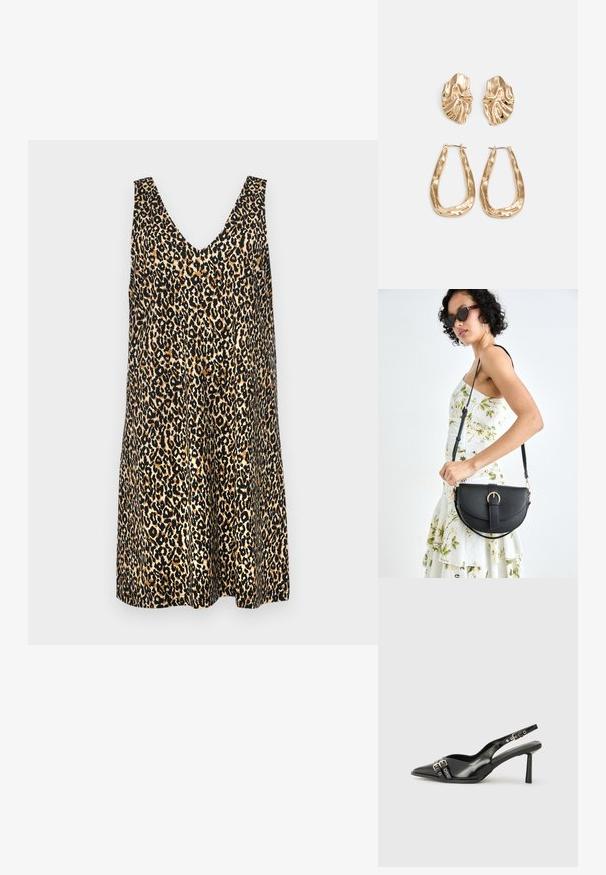 Vestido sem mangas com estampa de leopardo, apresentando um decote em V profundo, tecido leve e um corte solto com tons variados de castanho e preto.; Sapato slingback preto em pele patentada com bico apontado, tiras no tornozelo apresentando fivelas e acessórios prateados, e um salto elegante.; Bolsa de couro preta com forma curva, alça destacável e detalhes em dourado. A bolsa possui uma aba com detalhe de fivela.; Brincos em tom de ouro com formas onduladas e texturizadas. Inclui studs escultóricos com presilha e um design de argola aberta com um acabamento martelado.