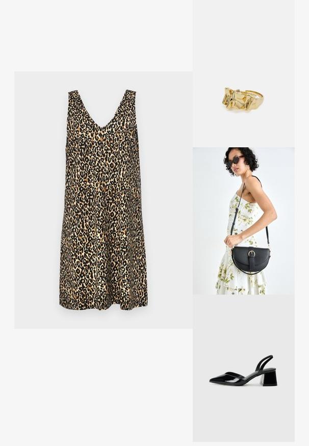 Haljina bez rukava s uzorkom leoparda, koja ima duboki V-izrez, laganu tkaninu i slobodan kroj s različitim nijansama smeđe i crne boje.; Crne lakirane kožne sandale s otvorenom petom i špicastim vrhom, s geometrijskom blok petom. Imaju elegantan, minimalistički dizajn i glatku teksturu.; Crna kožna torba s lukovitim oblikom, odvojivim remenom i zlatnim detaljima. Torba ima preklop s kopčom.; Zlatni prsten s teksturiranim, valovitim dizajnom koji ima tri istaknuta vrha. Glatka, sjajna površina s otvorenom trakom za podešavanje veličine.; Zlatni prsten s teksturiranim, valovitim dizajnom koji ima tri istaknuta vrha. Glatka, sjajna površina s otvorenom trakom za podešavanje veličine.