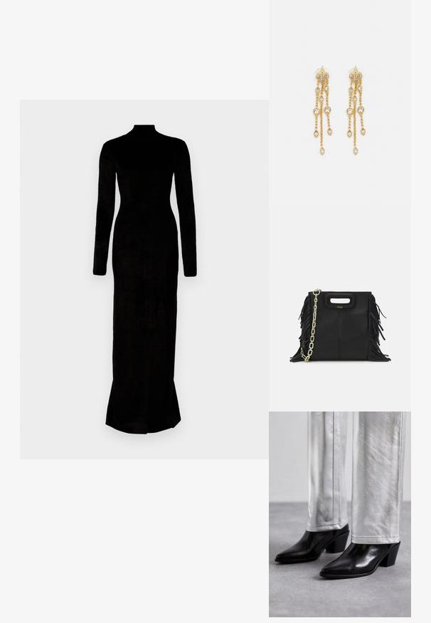 Abito nero a maniche lunghe con colletto alto, silhouette aderente e orlo svasato. Realizzato in un tessuto morbido, presenta una texture liscia.; Stivali neri in pelle fino alla caviglia con punta affilata e tacco a blocco, abbinati a pantaloni argentati lucidi, che mostrano texture eleganti e colori a contrasto.; Borsa a tracolla in pelle nera con dettagli a frangia, catena dorata e manico ritagliato. Presenta il logo sulla parte anteriore.; Orecchini dorati con molteplici catene a cascata, dotati di accenti in strass ovali trasparenti e parte superiore decorativa a perno.