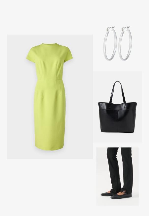 HUGO KALIMERA - Pārliekama kleita - bright yellow; Melni ādas baleta zābaki ar smailo purngalu, siksniņa ar sudraba sprādzi, kombinēti ar melniem tailētiem biksēm ar šķēluma apakšdaļu.; Melnas ādas iepirkumu soma ar divām garām rokturām, gludu tekstūru un strukturētu formu. Iekļauj priekšējo kabatu papildu uzglabāšanai.; Sudraba riņķveida auss gredzeni ar gludu, pulētu apdari. Apaļa forma un drošs klikšķa augšējais slēgums. Viegls dizains, kas piemērots ikdienas valkāšanai.