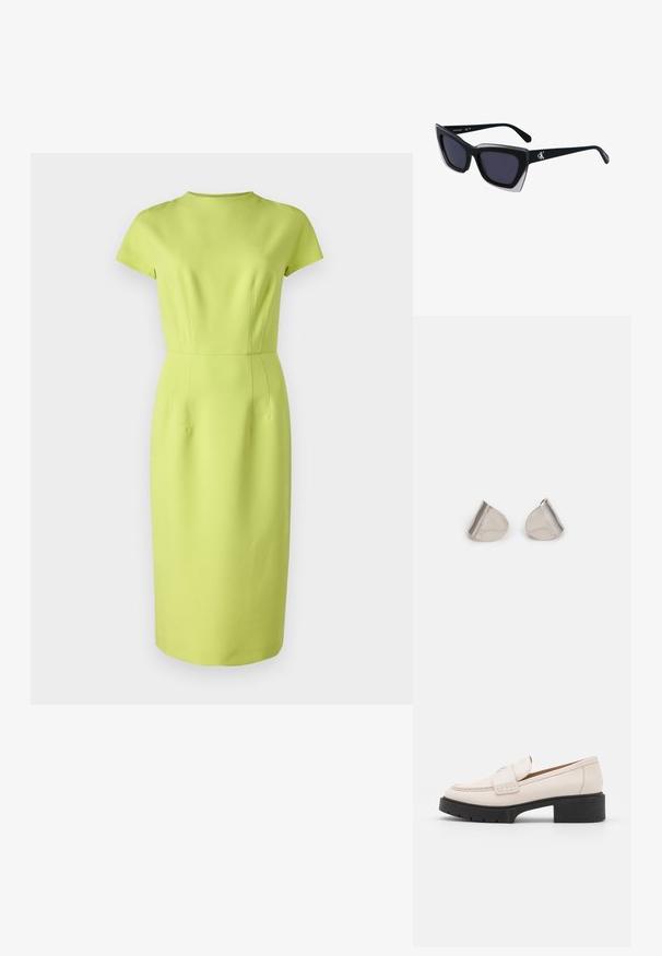 HUGO KALIMERA - Pouzdrové šaty - bright yellow; Světlobéžové kožené mokasíny se střiženým předním dílem a texturovaným černým platformovým podpatkem. Obsahují zakřivený design a mírné zvýšení.; Černé oversized sluneční brýle geometrického tvaru, s tmavými skly a kontrastním šedým detailem na rámu. Logo na rameni.; Stříbrné kovové náušnice s hladkým tvarem slzy a lesklým povrchem. Jemné rytiny přidávají detail. Minimalistický design.
