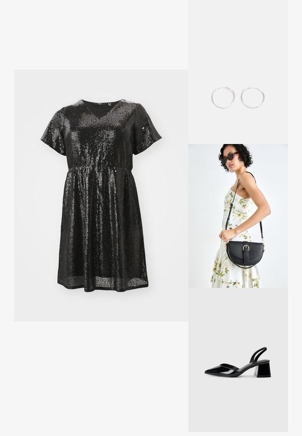 Juoda striukė su blizgučiais, trumpomis rankovėmis, V forma iškirpte, cinčuota juosmeniu ir laisvu siluetu. Blizganti tekstūra sukuria atspindinčio efekto.; Juodos lakuotos odinės šlepetės su smailiu pirštu ir geometriniu bloko kulnu. Turi elegantišką, minimalistinį dizainą ir lygų paviršių.; Juodas odinis krepšys su išlenkta forma, nuimamu dirželiu ir auksiniais detalėmis. Krepšys turi kilpą su sagtimi.; Sidabrinės auskarai žiedai su sėslia, apvalia forma, pasižymintys lygia paviršiumi ir be matomų puošmenų. Svoris nenurodytas.