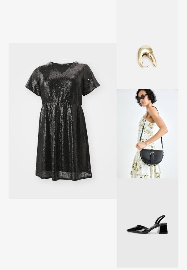 Juoda striukė su blizgučiais, trumpomis rankovėmis, V forma iškirpte, cinčuota juosmeniu ir laisvu siluetu. Blizganti tekstūra sukuria atspindinčio efekto.; Juodos lakuotos odinės šlepetės su smailiu pirštu ir geometriniu bloko kulnu. Turi elegantišką, minimalistinį dizainą ir lygų paviršių.; Juodas odinis krepšys su išlenkta forma, nuimamu dirželiu ir auksiniais detalėmis. Krepšys turi kilpą su sagtimi.; Aukso tono metalinės auskarai su stilingu, kreiviu dizainu. Išsiskiria ryškiu smailiu pavidalu, poliruota paviršiumi ir užsegimu su vyriu.