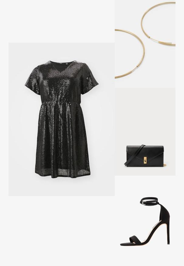 Melna sequinu kleita ar īsām piedurknēm, V veida izgriezumu, sapīlētu jostasvietu un brīvu piegriezumu. Spīdīgā tekstūra rada atstarojošu efektu.; Melnas zamšādas augstpapēžu sandales ar vienkāršu siksniņu dizainu, atvērtu purngalu un potītes siksniņu ar sudraba sprādzi.; Zelta krāsas auskari gredzena formā, plāni un apaļi, ar gludu metāla apdari un bez rotājumiem vai zīmējumiem.; Melnas ādas maku ar pārklājošu flapu, zelta detaļām, ar logotipa akcentu. Ietver noņemamu siksniņu pārvadāšanai.