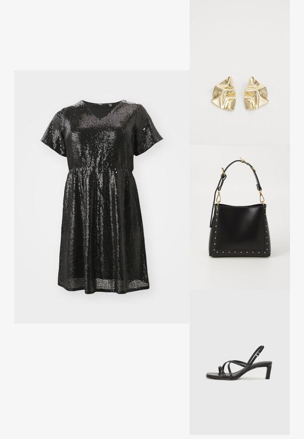 Juoda striukė su blizgučiais, trumpomis rankovėmis, V forma iškirpte, cinčuota juosmeniu ir laisvu siluetu. Blizganti tekstūra sukuria atspindinčio efekto.; Juodi šlepetės su kvadratiniu pirštu ir žemu bloku kulnu. Yra keli ploni dirželiai ir reguliuojamas kulkšnies diržas. Pagaminti iš lygios odos.; Juodas odinis rankinės su griežtu pavidalu, su auksiniais kalnų taškeliais aplink kraštus ir nuimamu diržu su auksinėmis detalėmis.; Auksiniai metaliniai auskarai su banginiu dizainu; glotni, atspindinti paviršių; asimetriška forma; nematomi raštai ar aparatai.