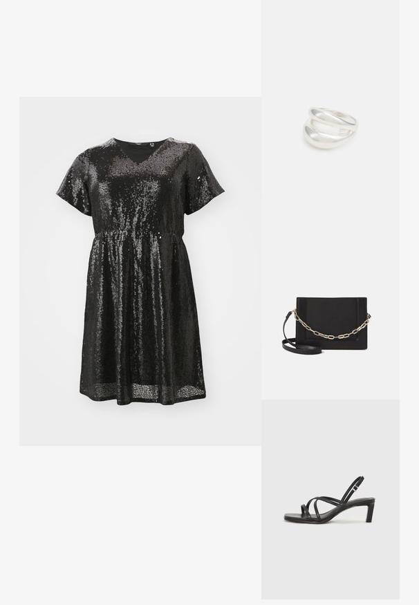 Robe noire à sequins avec des manches courtes, décolleté en V, taille cintrée et coupe fluide. La texture brillante crée un effet réfléchissant.; Sandale noire à lanières avec un bout carré et un petit talon bloc. Elle présente plusieurs fines lanières et une sangle de cheville ajustable. Fabriquée en cuir lisse.; Sac bandoulière en cuir noir avec une texture lisse, de forme rectangulaire et un détail en chaîne métallique à l'avant. Sangle réglable incluse.; Bague en argent à double bande avec une surface lisse et polie. Présente un design fluide et courbé avec des sections qui se chevauchent pour un look moderne.